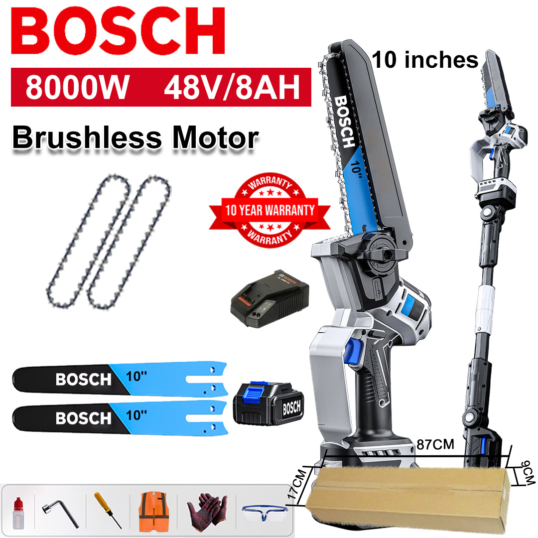 [Extended Model/10-Year Warranty] 10-Inch 8000W Lithium Electric Chain Saw, 48V Battery*1, Charger, Guide Blade*2, Chain*2, Tool Box, Lubricant and Protective Glasses, All High-Efficiency Stone Powerful Motors (With Extension Pole)