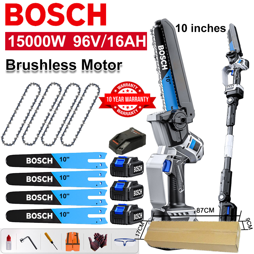 [Extended Model/10-Year Warranty] 10-inch 15,000W Lithium Electric Chain Saw, 96V Battery*3, Charger, Guide Blade*4, Chain*4, Tool Box, Lubricant and Protective Glasses, All High-Efficiency Stone Powerful Motors (With Extension Pole)